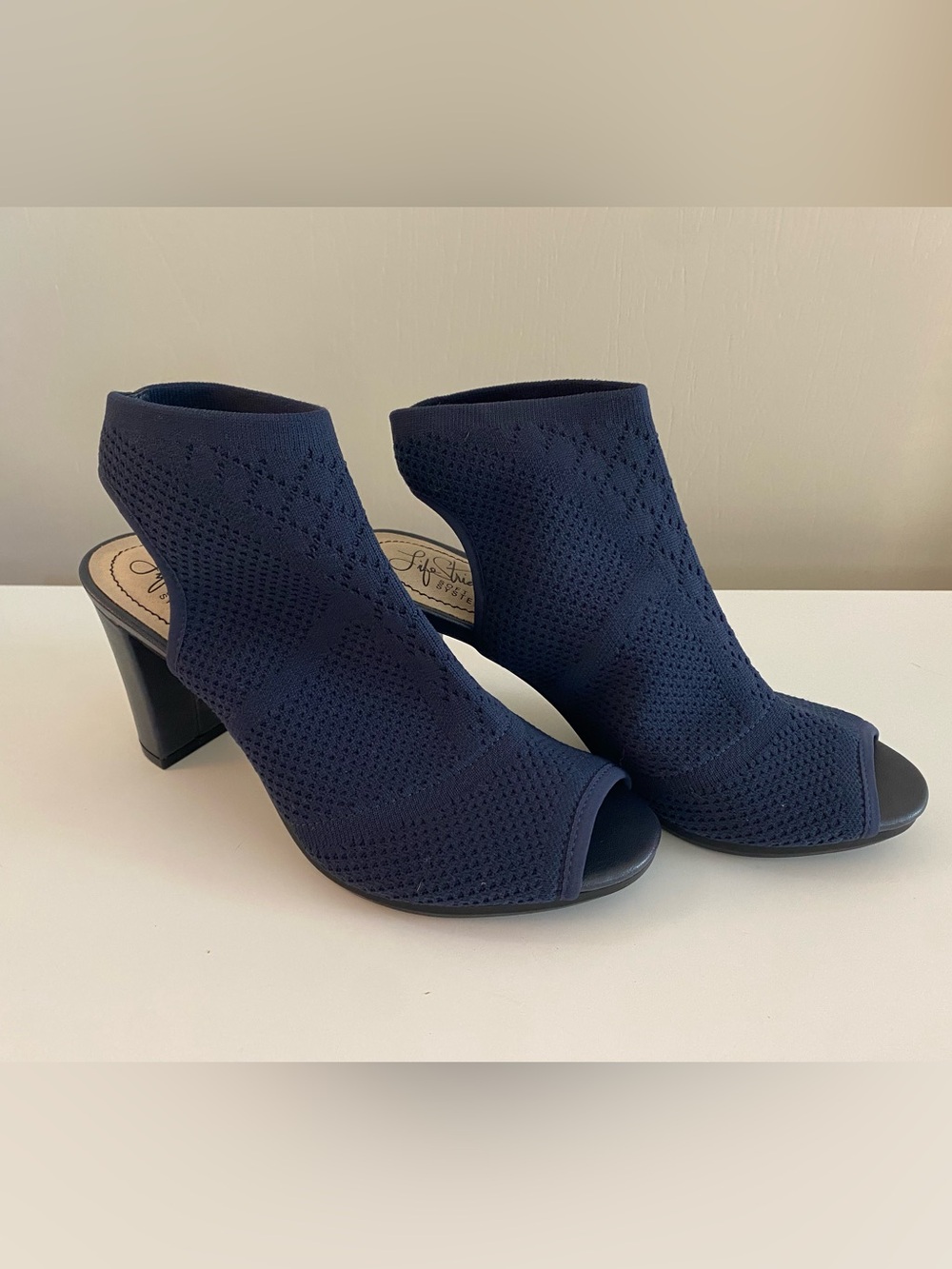 Life Stride Knit Peep-Toe Mules - Navy